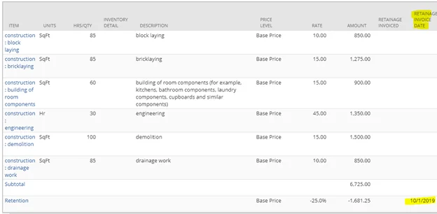 Infographics show the Retainage Invoice Date is a custom line field