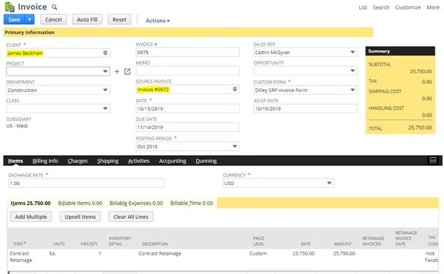 Infographics show the Handling Contract in NetSuite- New Invoice transaction