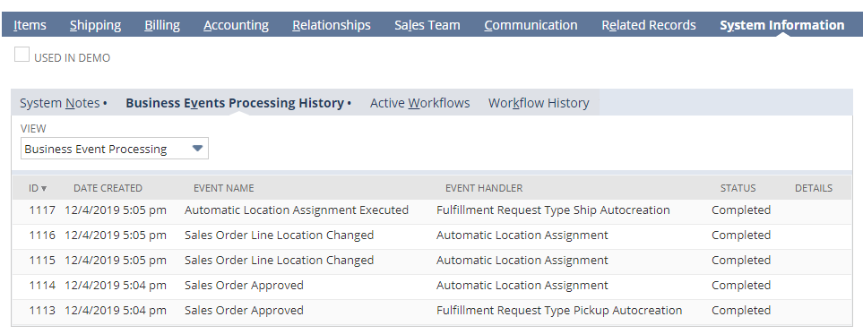 Infographics show the Business Events Processing History