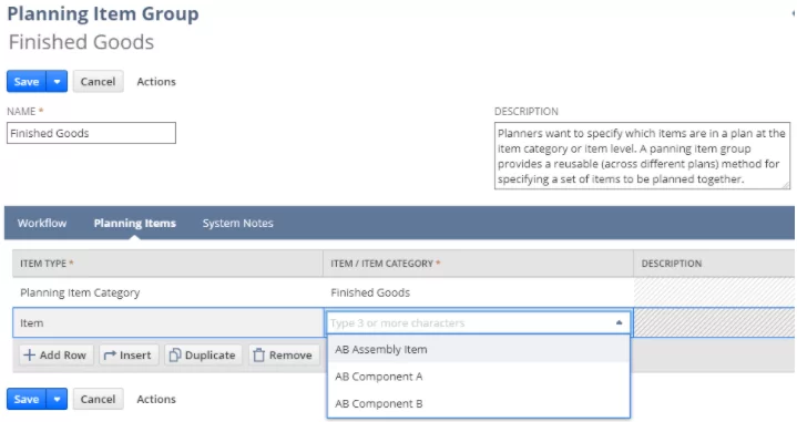 Infographics show the Planning Item Group in NetSuite MRP