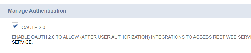 Infographics show the OAuth 2.0 checkbox in the Manage Authentication section - NetSuite REST Web Services