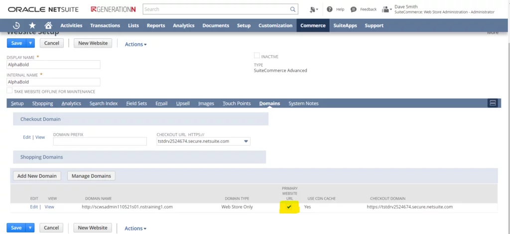 This image shows the PRIMARY WEBSITE URL - NetSuite SuiteCommerce 2021.2