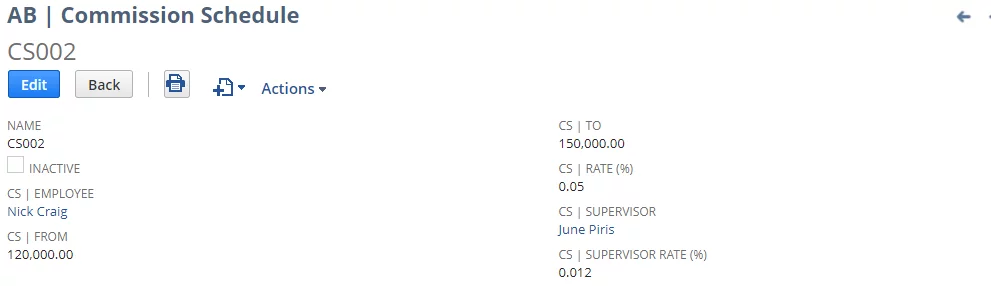 this image shows the commission schedules - handle commissions in NetSuite