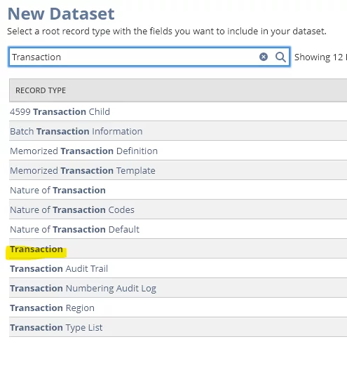this image shows the select a transaction record type
