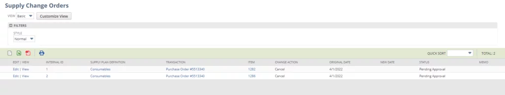 This image shows the Supply Change Orders