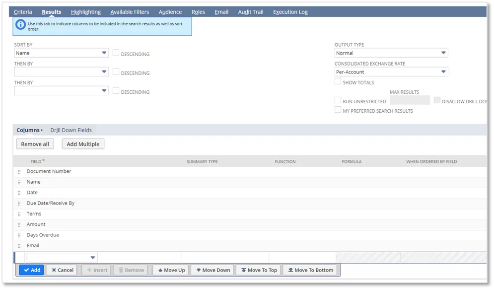 this image shows the add the fields to include in your search results - Email Notifications in NetSuite