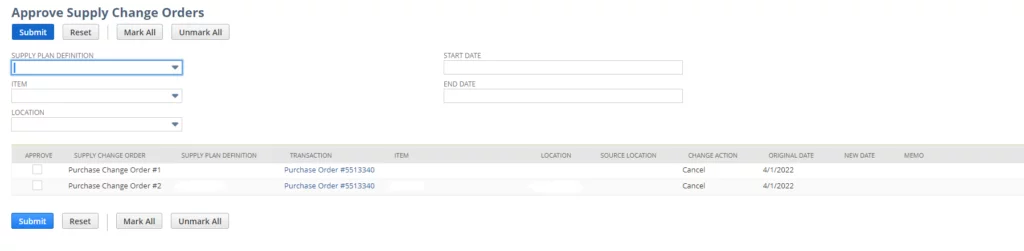This image shows the Approve Supply Change Orders