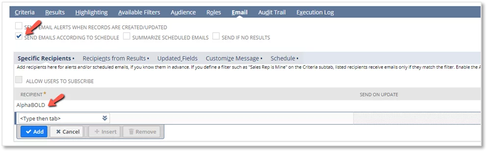 This image shows the Check the box to send emails according to schedule and add yourself as a specific recipient