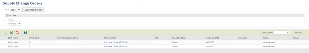 This image shows the Supply Change Orders to view the completed orders