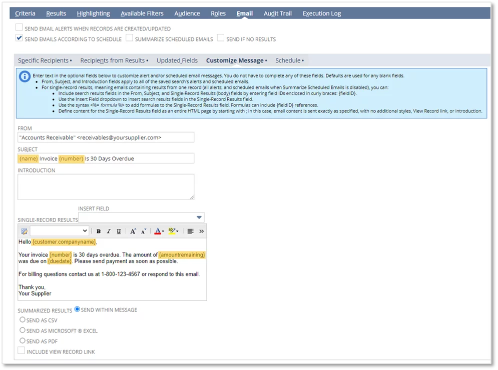 this image shows the Customize the email subject and message - Email Notifications in NetSuite