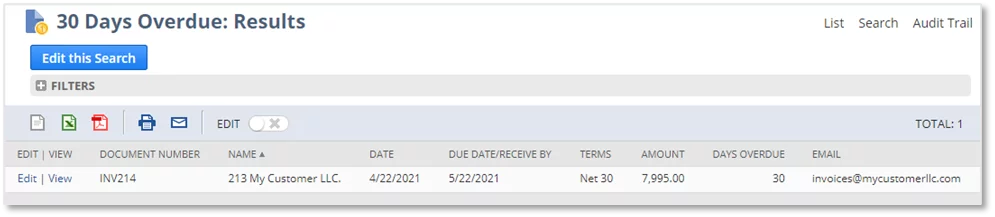 this image shows the results of the sample saved search and resulting email - Email Notifications in NetSuite