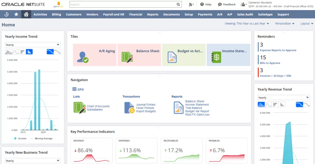 Infographics show the Oracle NetSuite Dashboard