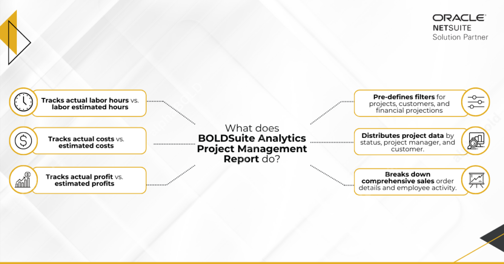 Infographics show the BOLDSuite Analytics Project Management Report.