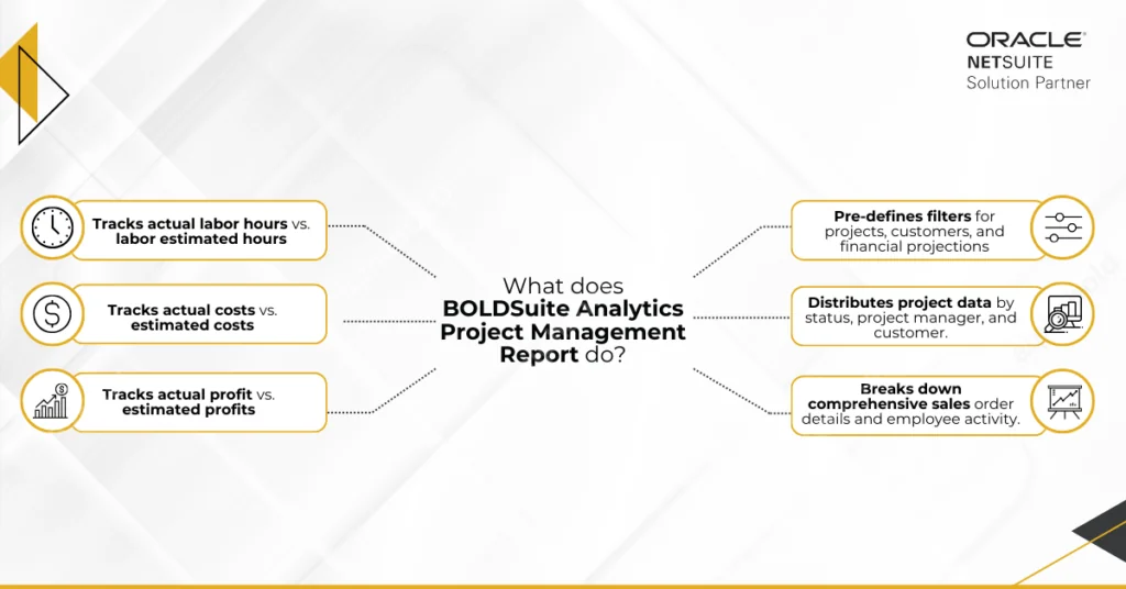 Infographics show the BOLDSuite Analytics Project Management Report.