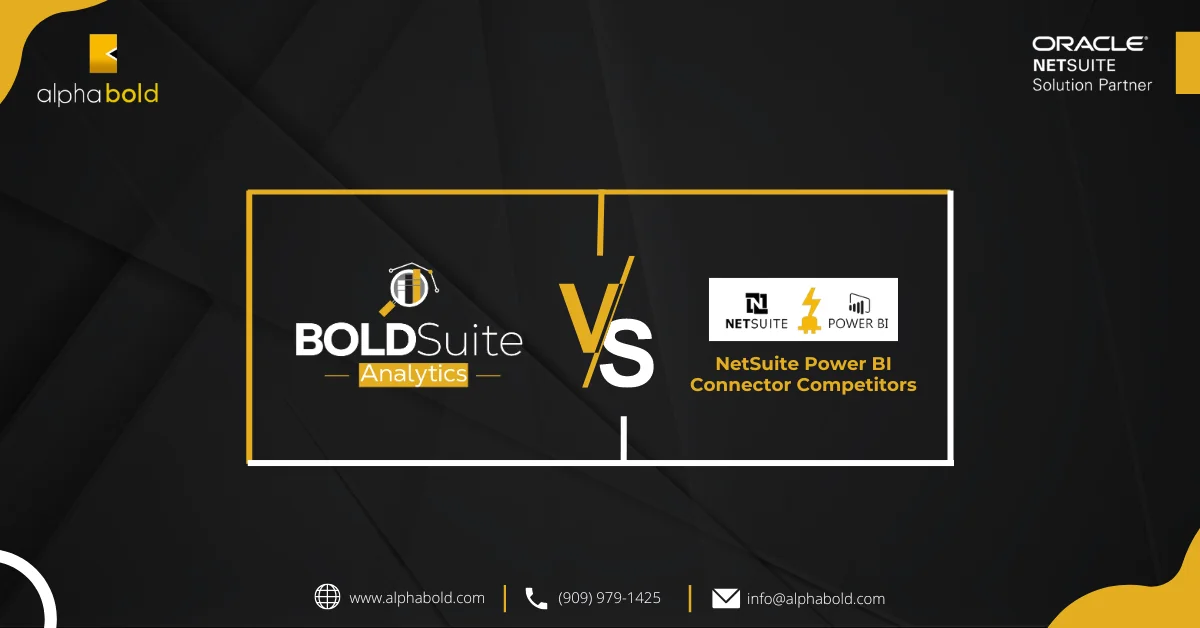 Infographics show the BOLDSuite Analytics vs. NetSuite Power BI Connector Competitors