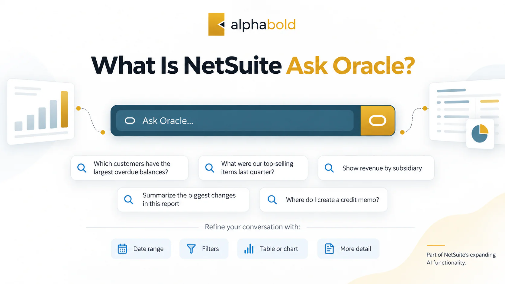 NetSuite Ask Oracle interface showing example business questions, filters, date ranges, charts, and follow-up options in an AlphaBOLD-branded graphic